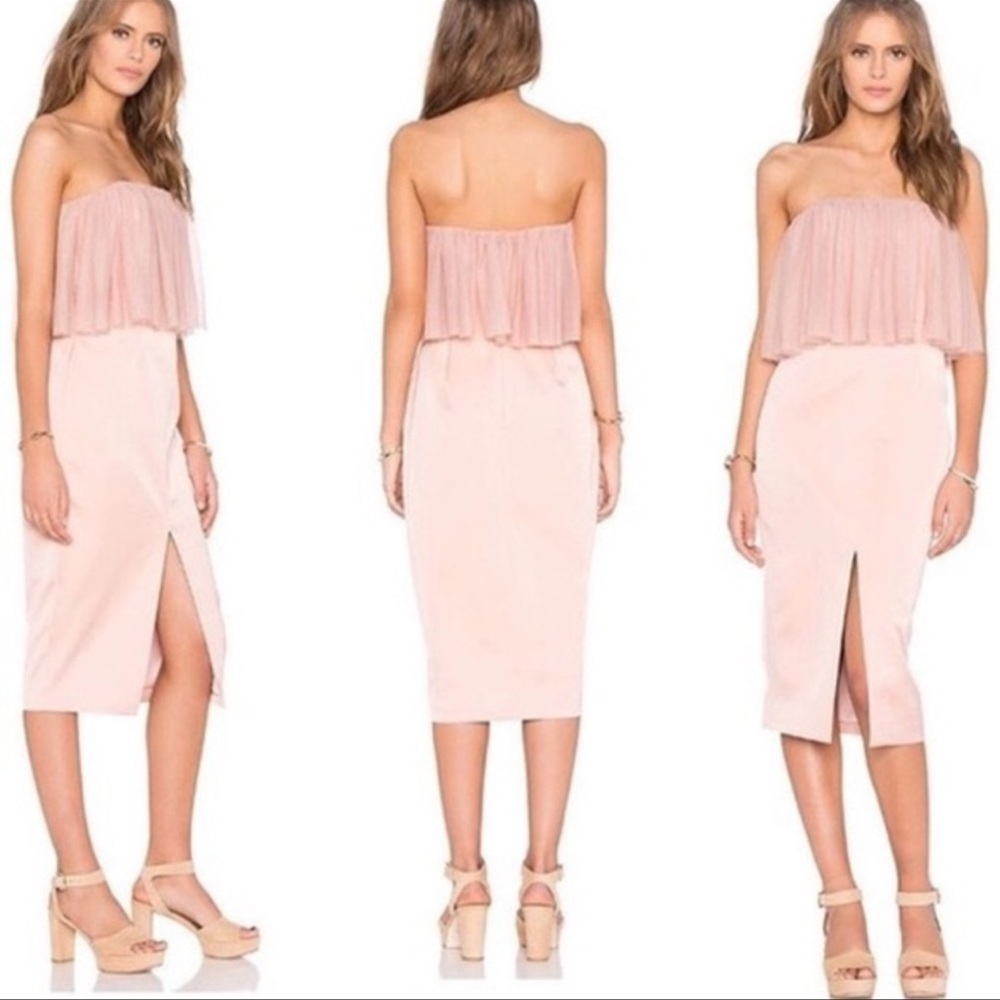 NWT Keepsake The Label White Lies in Blush Pink Midi Front Slit strapless Dress